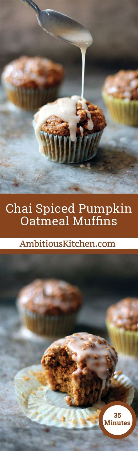 Chai-Spiced Pumpkin Oatmeal Muffins with Vanilla Bean Cream Cheese Glaze {healthy} - Ambitious ...