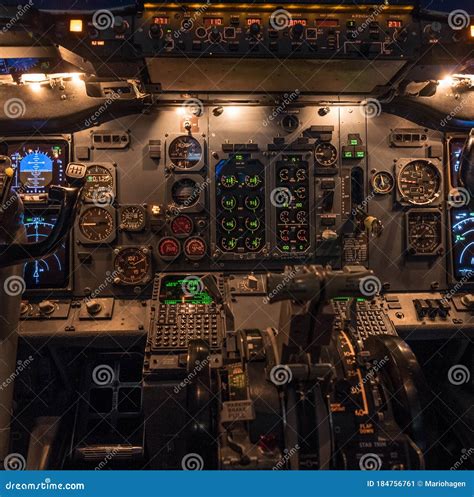 Boeing 737 Classic Cockpit during Night Time Operation. All Panels Illuminated. Stock Image ...