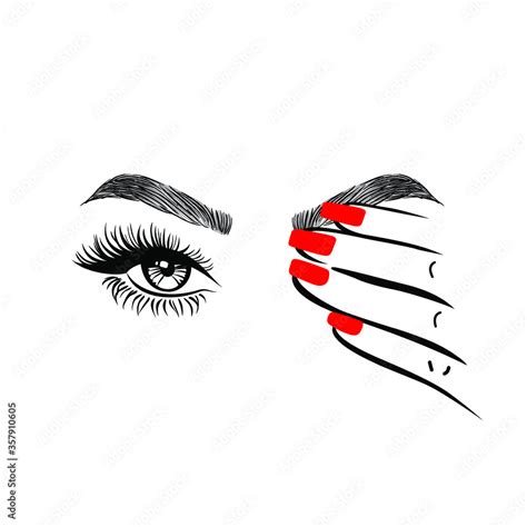 Woman hand with red manicure nails closing one eye, eyelashes mascara ...