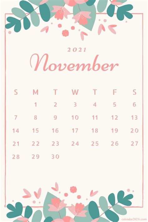 Floral November 2021 Calendar Printable in 2021 | 2021 calendar, Flower ...