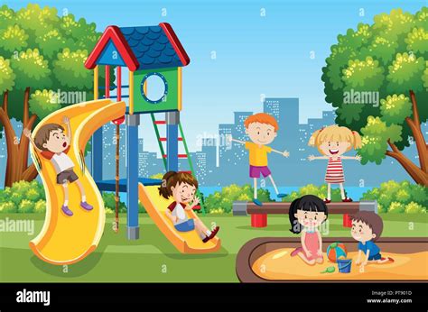 Cartoon Kids Playing On A Playground