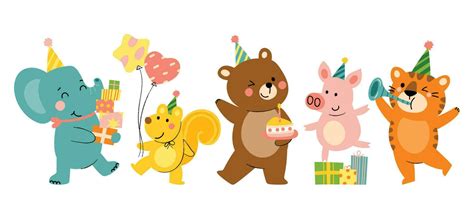 Happy birthday concept animal vector set. Collection of adorable wildlife, elephant, squirrel ...