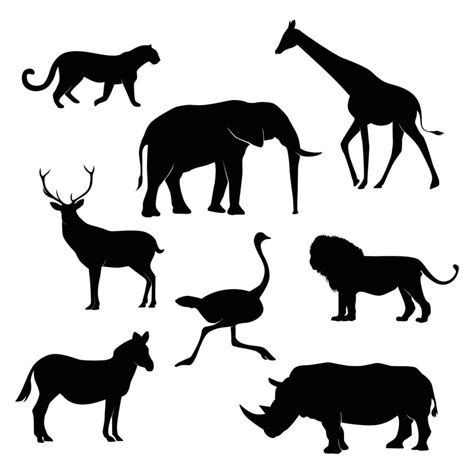 African animals silhouettes set. Giraffe, elephant, leopard, deer ...