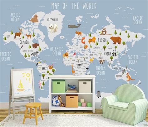 Kids World Map Wallpaper Wall Murals, Animals Kids Children Wall ...