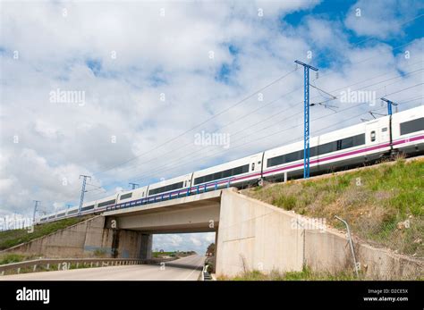 Madrid-Barcelona high-speed train traveling along La Alcarria ...