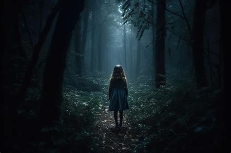 Premium Photo | Little girl walking in the dark mystery forest back view seemingly lost and ...