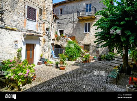 Maenza, Italy, July 24, 2021. A street in the historic center of a medieval town in the Lazio ...