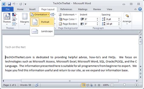 MS Word 2010: Change the page orientation to portrait