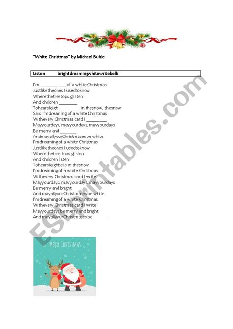 White Christmas (lyrics) Michael Buble and Shania Twain - ESL worksheet ...