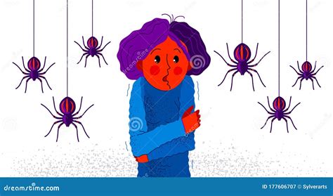 Arachnophobia Fear Of Spiders Vector Illustration, Girl Surrounded By ...