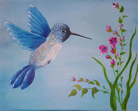 Painted by Noeletta Cardenas, original acrylics on a 11 x 14 stretched canvas. Blue Hummingbird ...