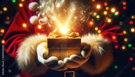 Heartwarming close-up of Santa Claus's hands as he opens a gift box, from which a dazzling ...