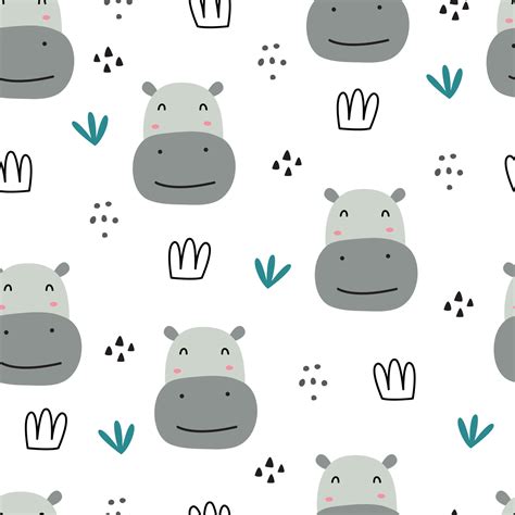 Seamless pattern animal cartoon background There's a hippo's face and a clump of grass. Hand ...