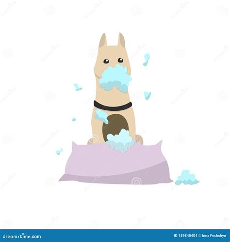 Funny Dog Tears a Pillow To Shreds. Vector Flat Illustration. Stock ...