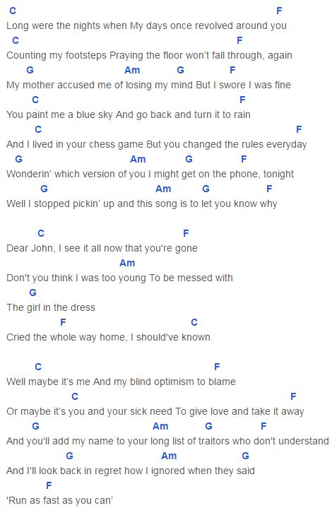 Dear John Chords Capo 4 Taylor Swift | Guitar chords and lyrics, Guitar chords for songs ...