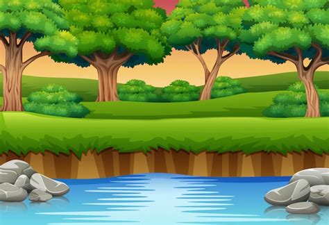 Premium Vector | Cartoon of river in the forest and silhouettes background