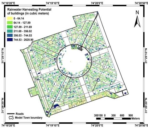 Map showing estimated RWH potential on rooftops in Model Town, Lahore ...