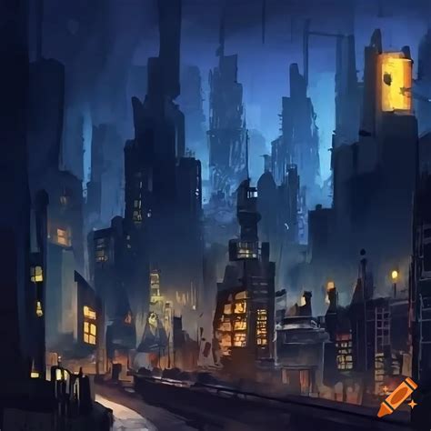 Night cityscape with steampunk and cyberpunk elements