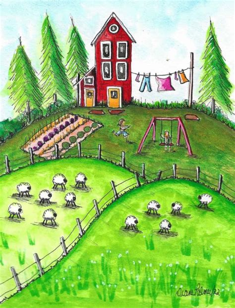 Country Farm Laundry Day Folk Art - A Brush with the Past - Paintings & Prints, Buildings ...