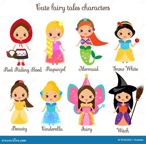 Cute Kawaii Fairy Tales Characters. Snow White, Red Riding Hood, Rapunzel, Cinderella and Other ...