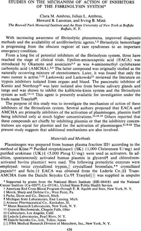 STUDIES ON THE MECHANISM OF ACTION OF INHIBITORS OF THE FIBRINOLYSIN SYSTEM* - Ambrus - 1968 ...