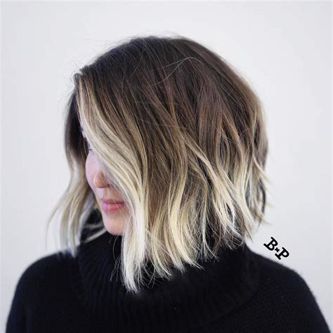 Angled Wavy Brown Bob With Blonde Balayage | Blonde ombre short hair ...