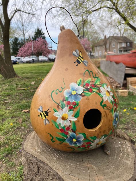 Natural Birdhouse Gourd Handpainted with Flowers And Bees | Etsy