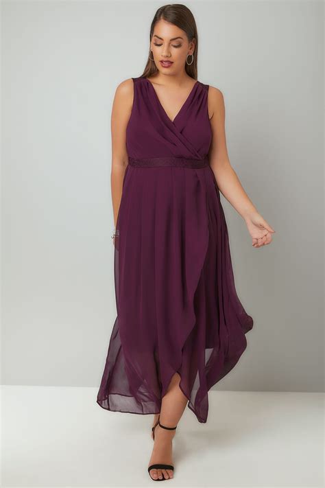 Purple Chiffon Maxi Dress With Wrap Front & Lace Details, Plus size 16 to 36