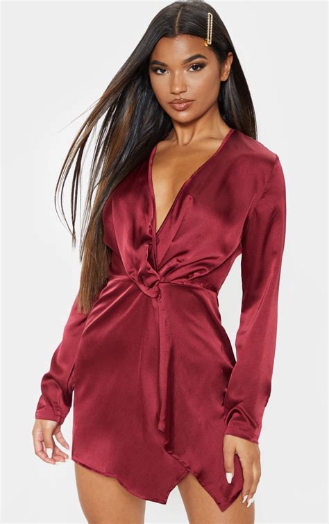 Burgundy Satin Long Sleeve Wrap Dress. Dresses | PrettyLittleThing