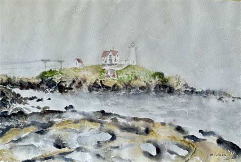 Nubble lighthouse in fog Painting by Vladimir Kezerashvili | Saatchi Art