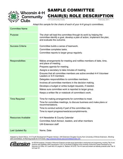 Sample Committee Chair Role Description