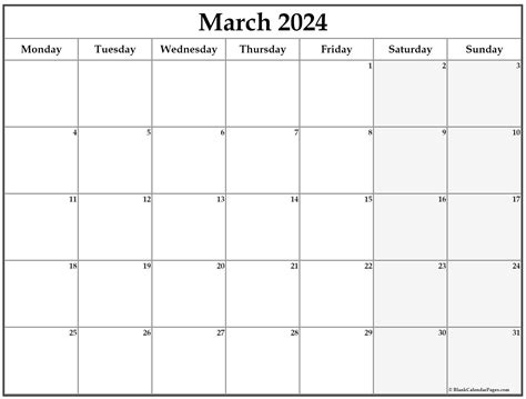 March 2024 Monday Calendar | Monday to Sunday