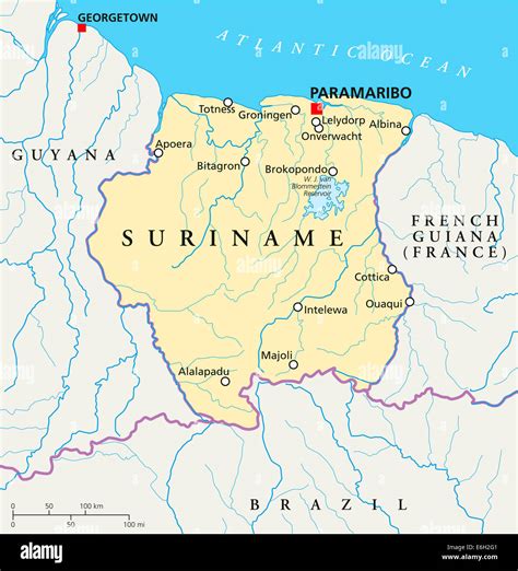 Suriname Political Map with capital Paramaribo, national borders, most ...