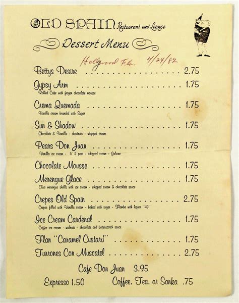 1982 Vintage Dessert Menu OLD SPAIN RESTAURANT & LOUNGE Hollywood ...