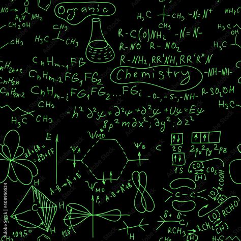 Seamless Organic chemistry formulas hand written green glow background on a blackboard vector ...