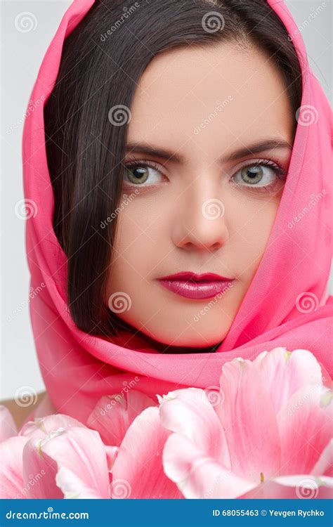 Woman with tulip bouquet stock image. Image of floral - 68055463