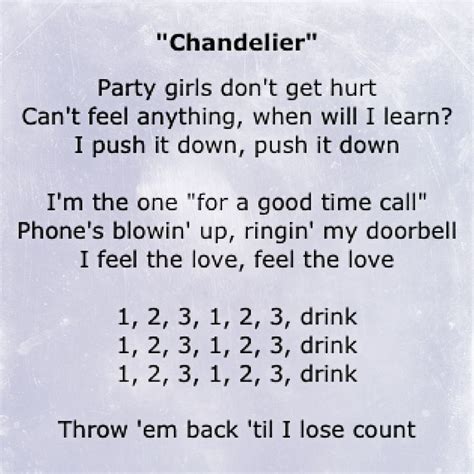 Sia - Chandelier lyrics: 1,2,3, 1,2,3 Drink | Songs with meaning, Chandelier lyrics, Lyrics meaning