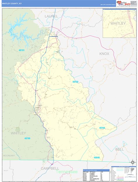 Whitley County, KY Zip Code Wall Map Basic Style by MarketMAPS - MapSales