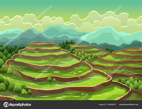 Landscape of rice field terraces. Asian rural background. Agriculture harvesting cereals or tea ...