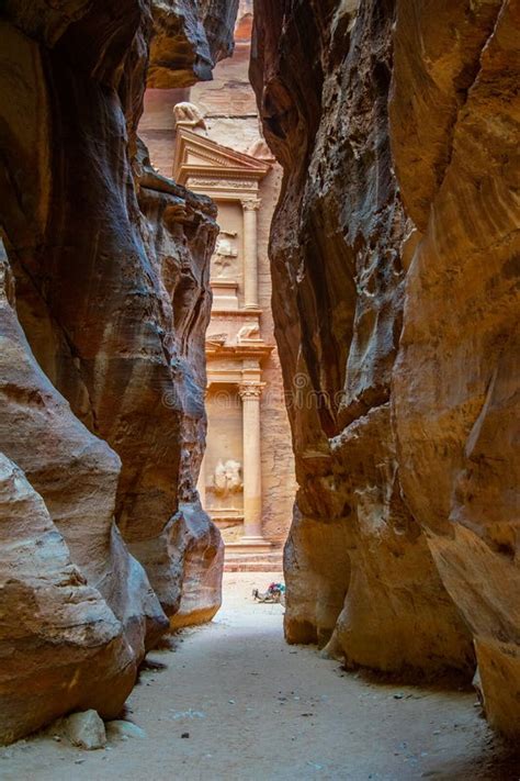 Al Khazneh Tomb View through Narrow Siq Canyon at Petra, Jordan Stock ...