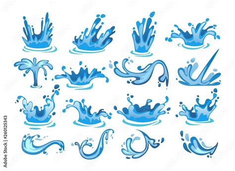 Water splash cartoon set. Colorful water arch, drops, whirls, waves ...