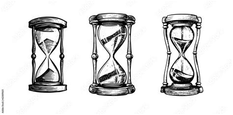 Sand watch glass set engraving vector illustration pack. Hourglass hand ...