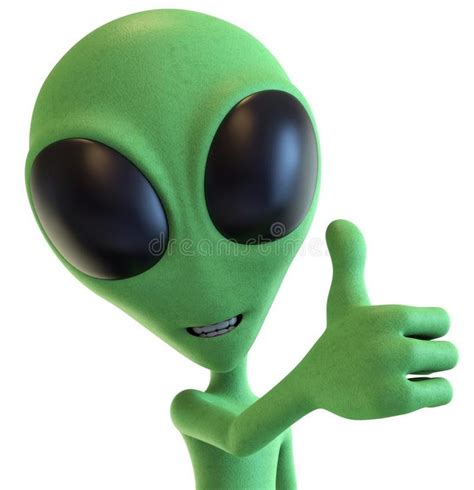 Green Cartoon Alien Holding Thump Up. 3D rendering of a smiling green cartoon alien with arm ...