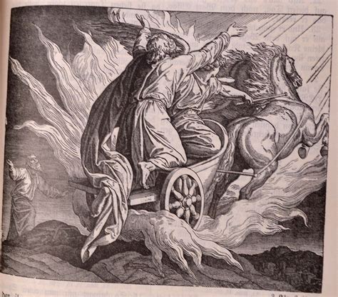 A chariot of fire takes Elijah up to Heaven in a woodcut from Die Bibel ...