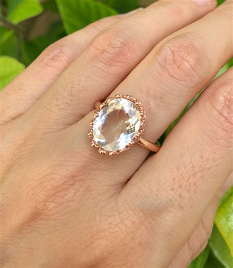 Genuine White Topaz Oval Engagement Solitaire Ring- Large Clear Topaz Promise Ring- Colorless ...