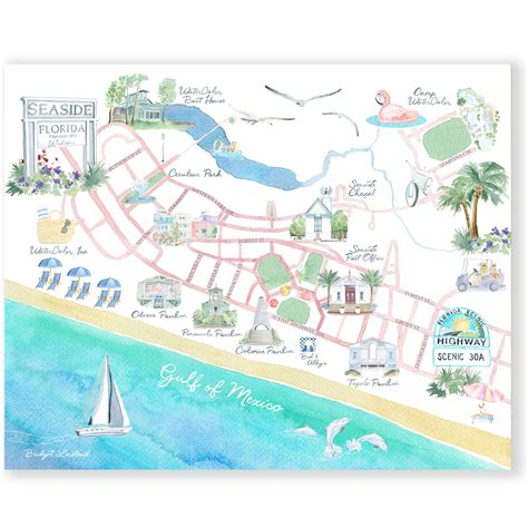 Seaside Florida Map Watercolor Art Print Beach Art South - Etsy