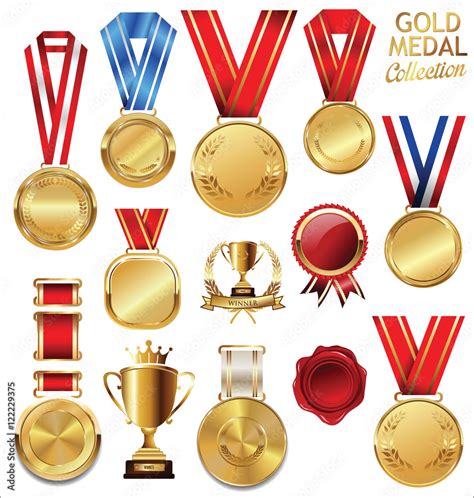 Gold trophy and medal with laurel wreath vector collection Stock Vector ...