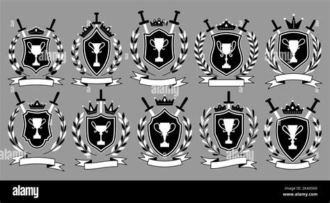 Heraldic emblem set. Goblet on shield, laurel wreath, kings crown ...