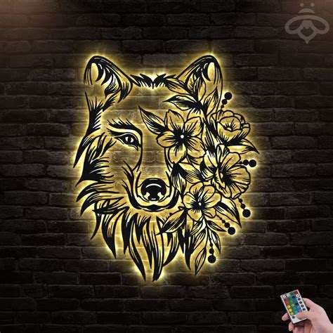 Floral Wolf Metal Wall Art With LED Lights Howling Wolf Black | Etsy