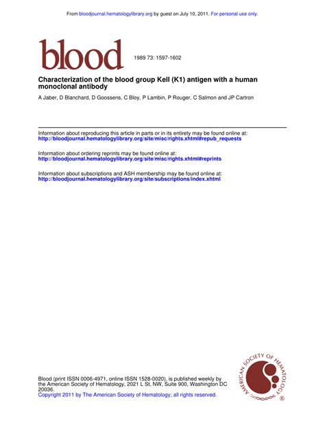 (PDF) Characterization of the blood group Kell (KEL 1) antigen with a human monoclonal antibody